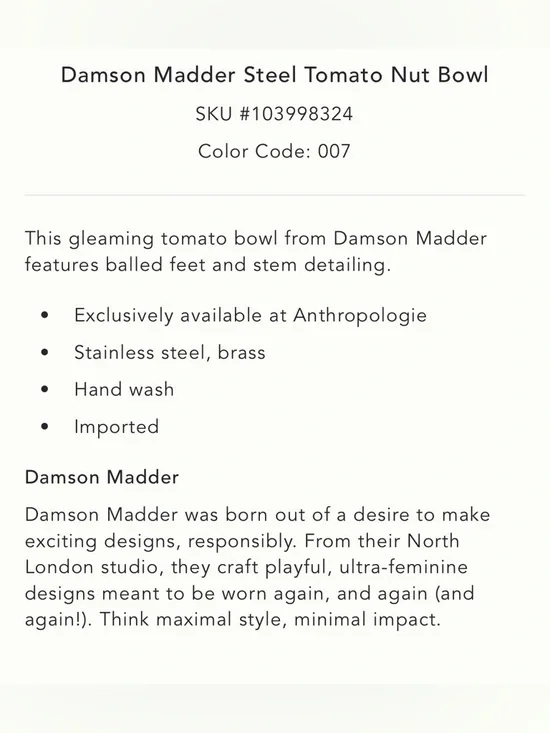 Anthropologie Damson Madder Steel Tomato Nut Bowl NEW - Picture 4 of 5